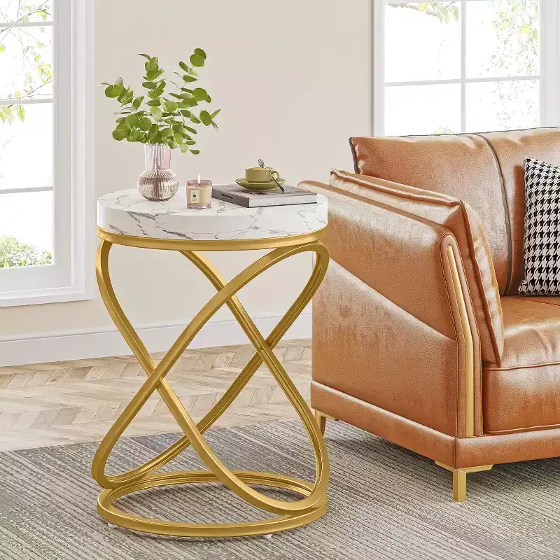 Lantine 26-Inch Round End Table with Engineered Wood Top and Double X-Shaped Metal Legs, Faux Marble Veneer Side Table for Living Room, Bedroom