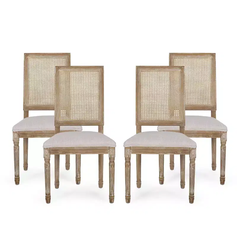 of 4 French Country Wood and Cane Upholstered Dining Chairs