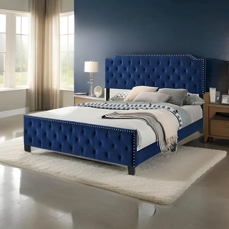 Navy Blue California King Upholstered Bed with Button-Tufted Headboard and Nailhead Trim – Mattress Not Included