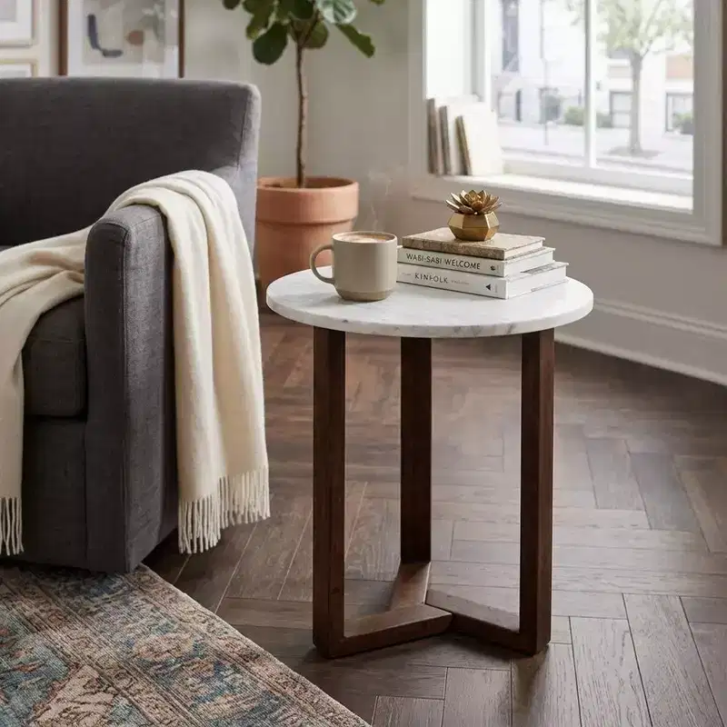 Royal Hampton Fina 20 Inch Round Side End Table, White Genuine Marble Top, Natural Brown Mango Wood 3 Leg Sled Base