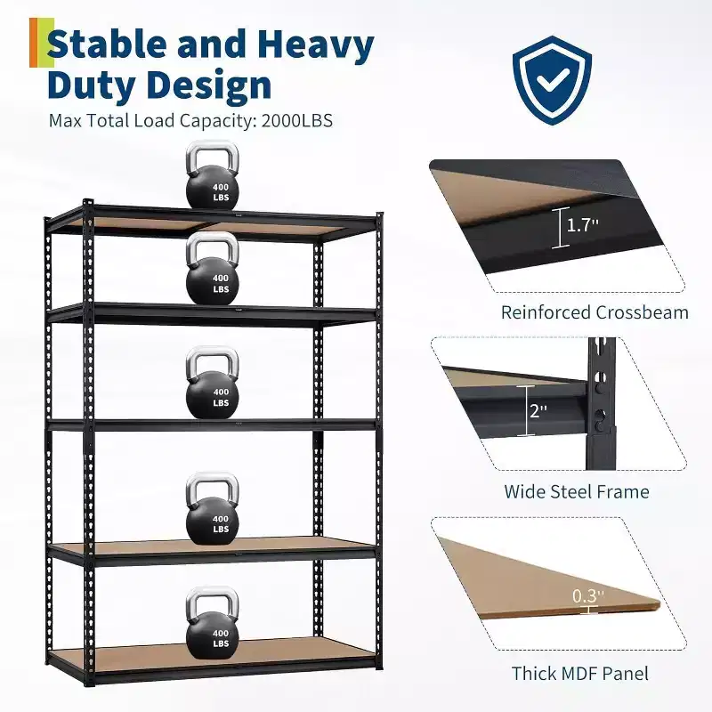 Heavy Duty 5-Tier Garage Storage Rack  Adjustable Metal Shelving Unit, 2500 lbs Capacity, 48W x 18D x 72H, Boltless Steel Frame, MDF Boards