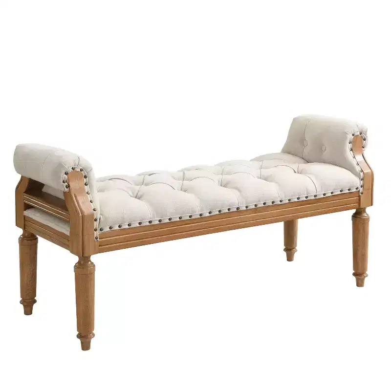 Upholstered Bed Bench Classic Button-Tufted Ottoman Mid-Century Entryway Shoe Bench Padded Vanity Stool Footstool with Rolled Arms - ModernLuxe