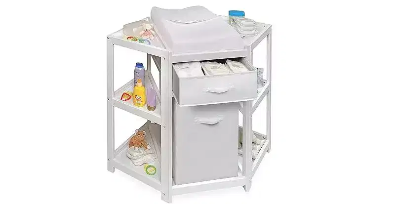 HomeStock Corner Baby Changing Table with Hamper & Storage Drawer, Space-Saving Nursery Organizer with Safety Belt & Pad