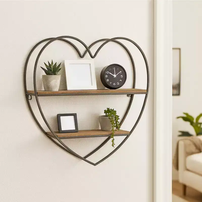 Decorative Two Tier Heart Wall Shelf for Room and Home Decor - Wood and Metal Wall Decor for Bedroom, Living Room, and Bathroom - 20, Black
