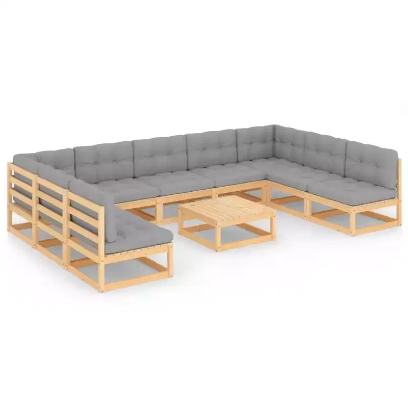vidaXL 10 Piece Patio Lounge Set with Cushions Solid Wood Pine - Natural With Cushion