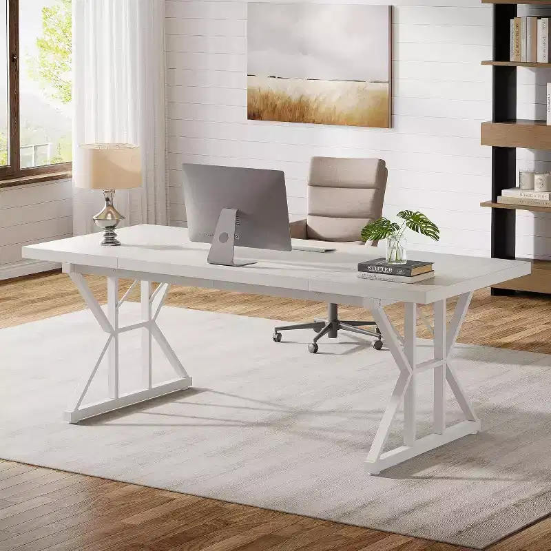 70.86-Inch Large Executive Desk, Industrial Home Office Computer Desk, Simple Long Writing Study Table Business Furniture (White)
