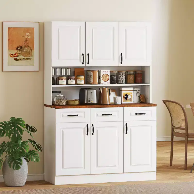 71 Kitchen Pantry Cabinet, Freestanding Farmhouse Storage Cabinet with Wide 2-Tier Microwave Stand Countertop, 3 Drawers, 6 Soft Closing Doors