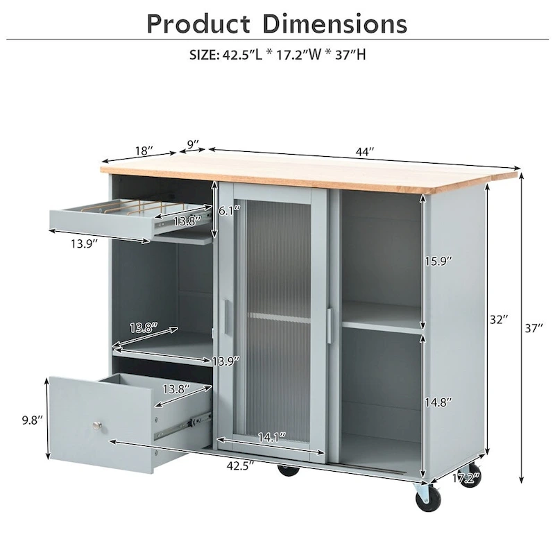 Kitchen Island with Drop Leaf,LED Light Kitchen Cart on Wheels