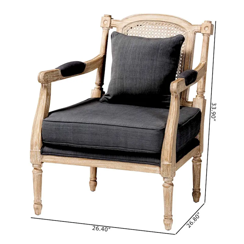 Ivory French Provincial Armchair, Single Seat, Carved Mahogany & Rattan