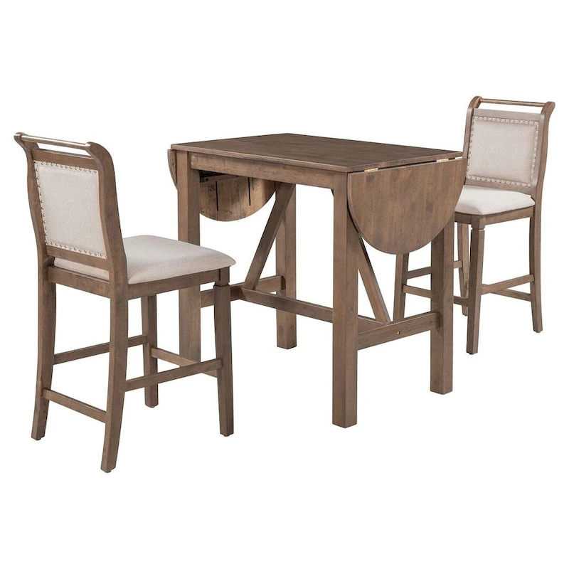 3-Piece Wood Counter Height Drop Leaf Dining Table Set with 2 Upholstered Dining Chairs