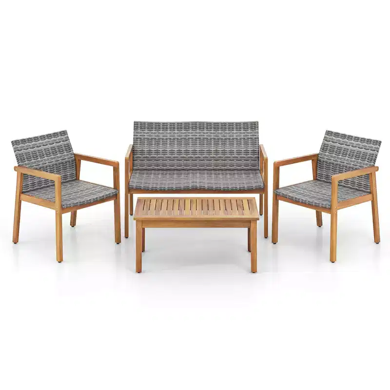 Costway 4 PCS Outdoor Furniture Set, Acacia Wood Frame Sofa Set with Rattan Seat