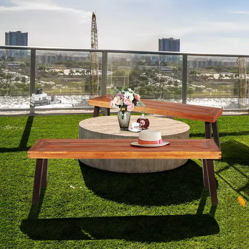 Costway Set of 2 Patio Acacia Wood Dining Bench with Rustic Steel Legs Outdoor Indoor
