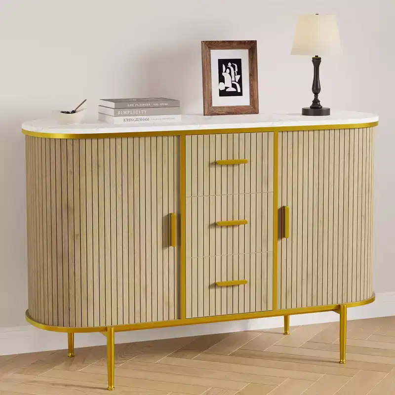 47'' Sideboard Buffet Cabinet with Sliding Doors, Wave Panel Storage Cabinet with Faux Marble Top for Dining Room - Oak