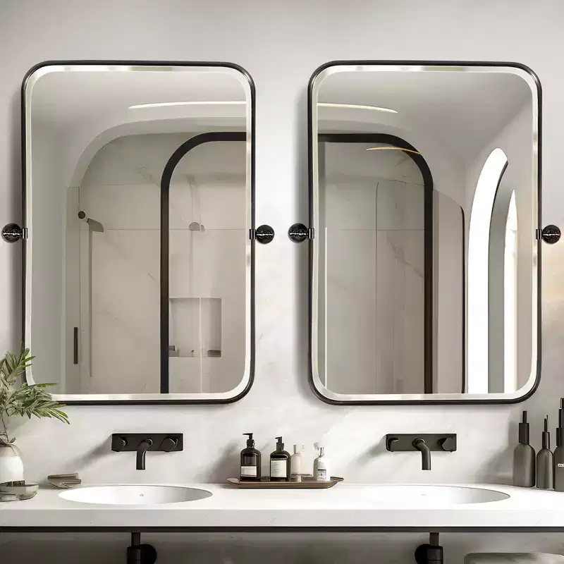 Dovelina Rectangular Metal Frame Pivot Decorative Wall Mirror with Rounded Corners (Set of 2)