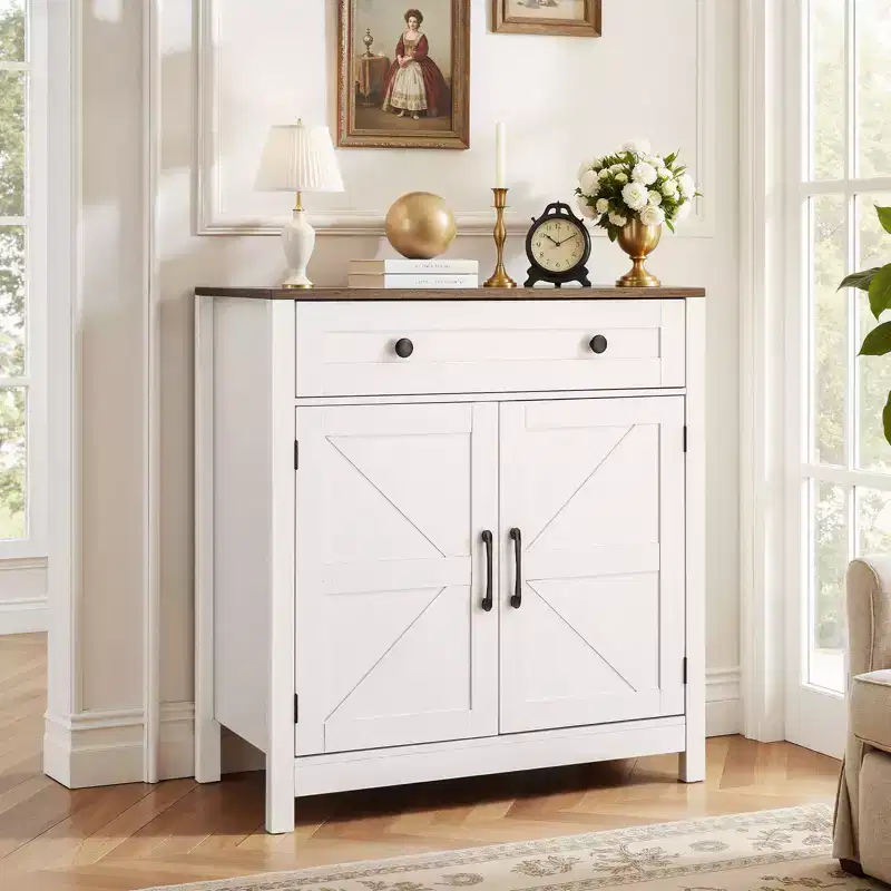 VEVOR Coffee Bar Cabinet, Farmhouse Coffee Bar Table with Drawer, Buffet Stand Cabinet with 2 Barn Door, 29.5 x 14.7 x 31.5 in, White