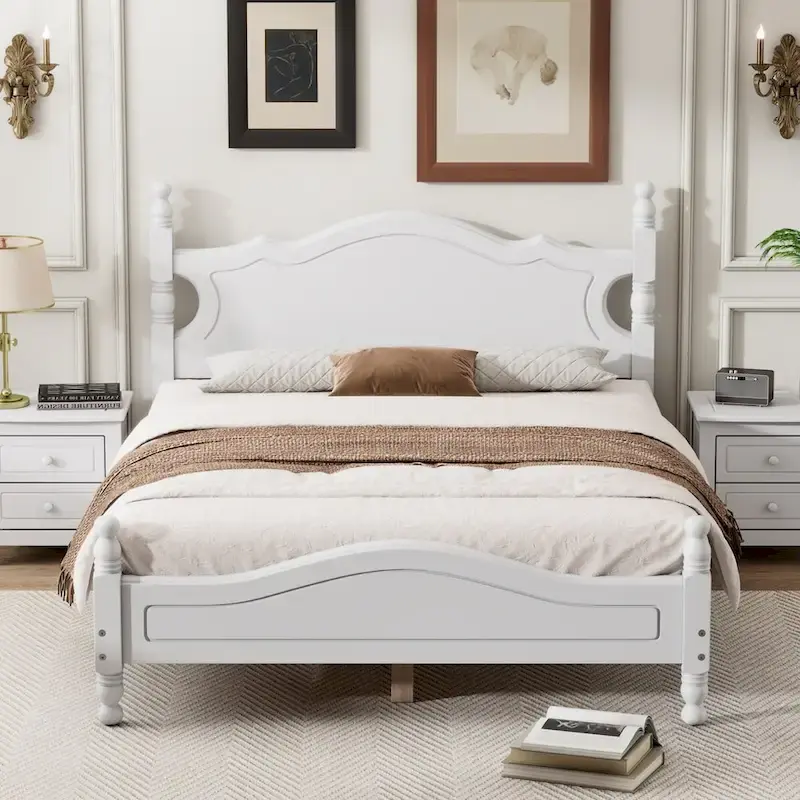 White Wood Platform Bed Frame, Full Size, For 1 Person