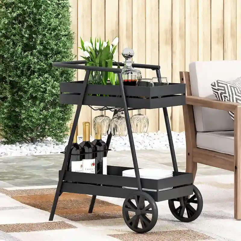 Modern Industrial Bar Cart with Iron Frame, Wheelbarrow-Inspired Design, Wine Bottle Holders and Mobile Rolling Wheels
