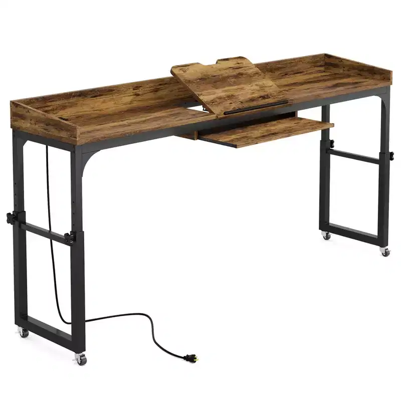 Height Adjustable Overbed Table with Wheels and Adjustable Tilt Stand