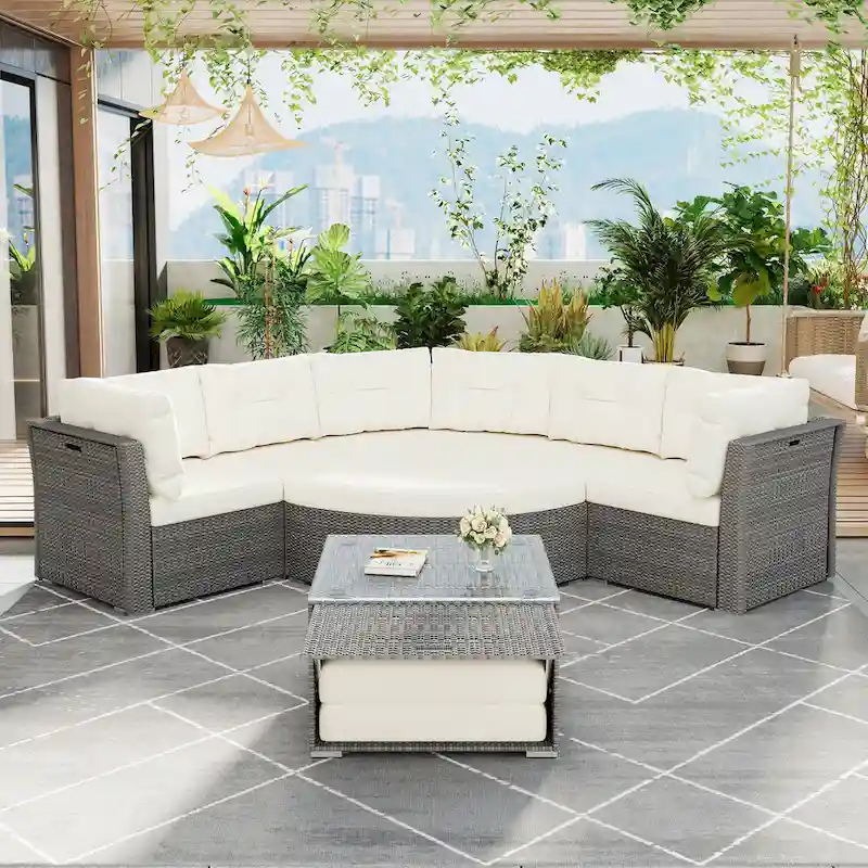 Patio Daybed Set - Rattan Sectional with Cushions & Center Table for Backyard, Pool, Lawn