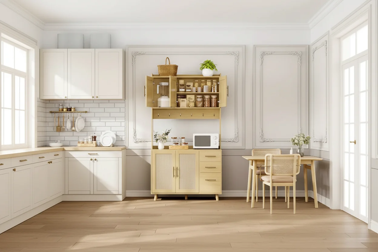 71-Inch Natural Rattan Farmhouse Kitchen Pantry Cabinet with 3 Drawers, Adjustable Shelves and 6 Hooks for Dining and Living Room