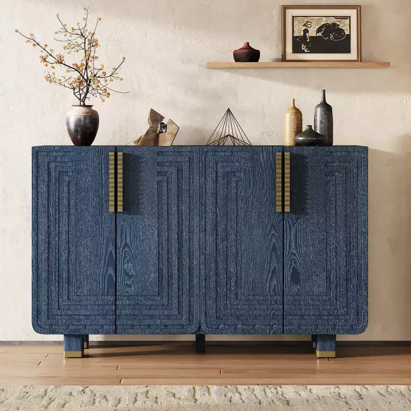 4-Door Vintage Storage Cabinet Retro Sideboard Wood Buffet Cabinet Accent Cabinet with Adjustable Shelves, Antique Navy/Black