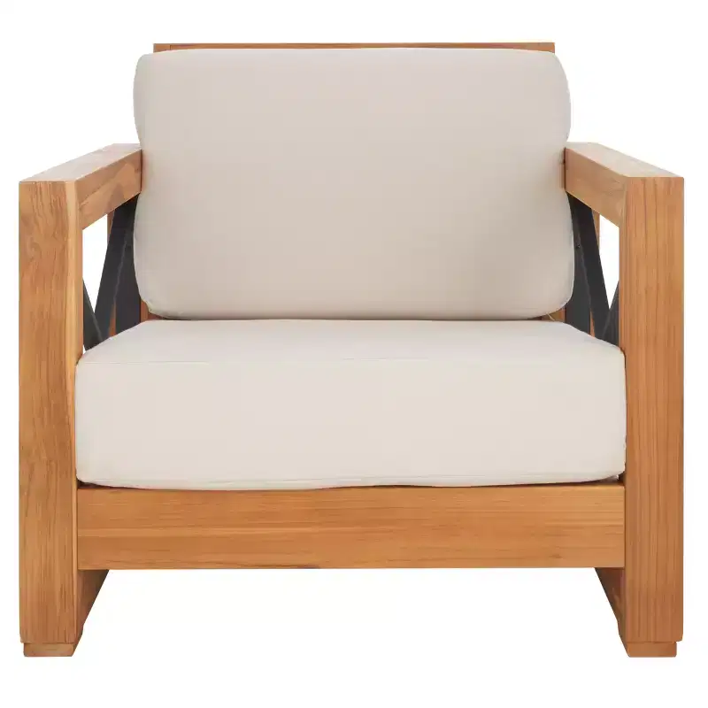 Curacao Club Chair Indoor/Outdoor - CPT1009 - Natural Brazilian Teak/ Beige - Safavieh Couture