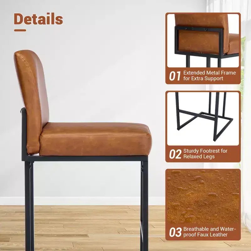 24 Bar Stools, Counter Height Bar Stools with Back, Modern PU Leather Barstools for Kitchen Island, Upholstered Bar Chair with Metal Frame Footrest