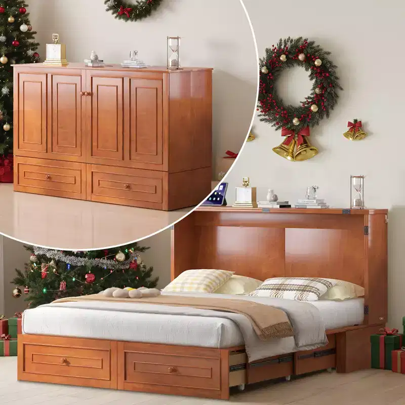 Mjkone Multifunctional Murphy Bed Cabinet Queen Size with USB Charging Station,Drawers & Tri-Folding Mattress
