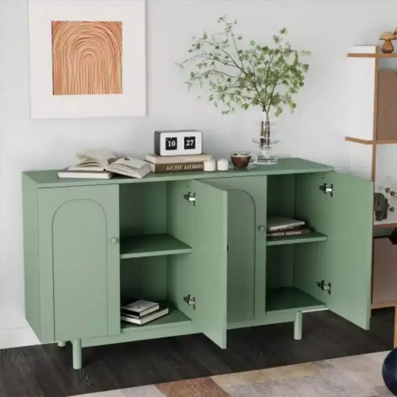 Stylish and Functional 4-Door Intaglio Storage Cabinet with Pine Legs, Solid Wood Pulls and MDF, for Living Room Bedroom,and Kitchen