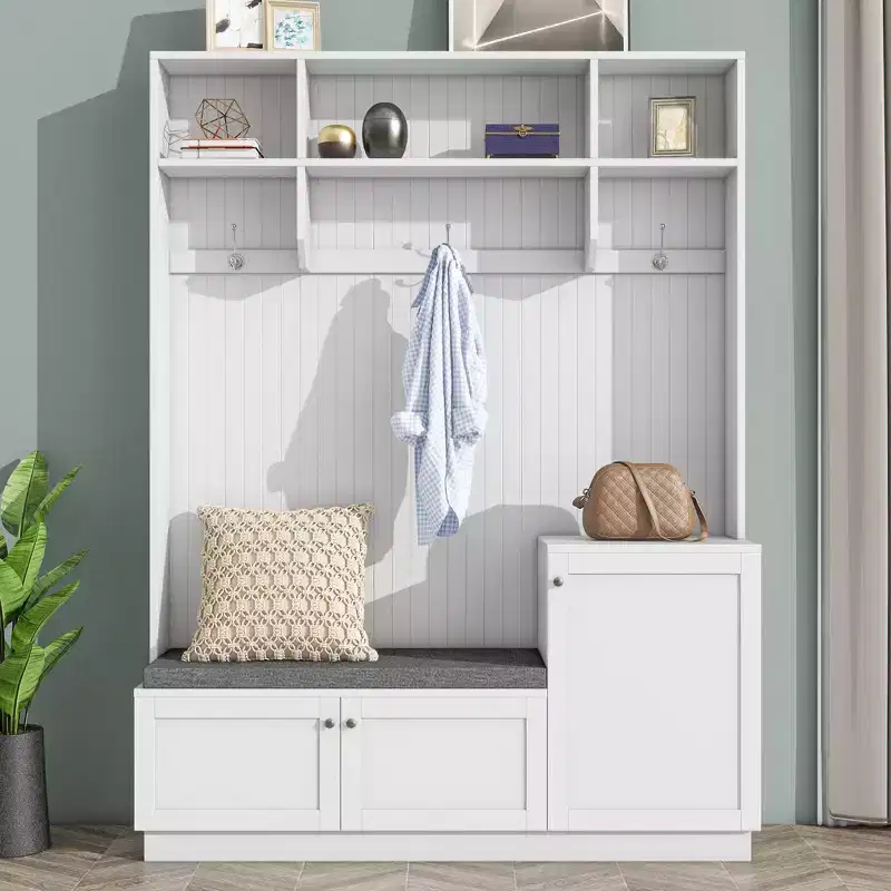 CLIHOME Elegant Design Hall Tree Coat Rack with Hooks , Functional Hallway Shoe Cabinet with Bench Cushion