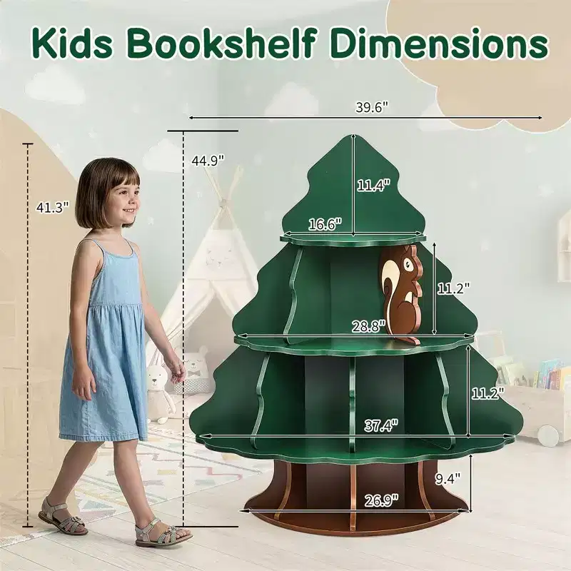 4-Tier 12-Compartment MDF Kids Bookshelf, Christmas Tree and Squirrel Design