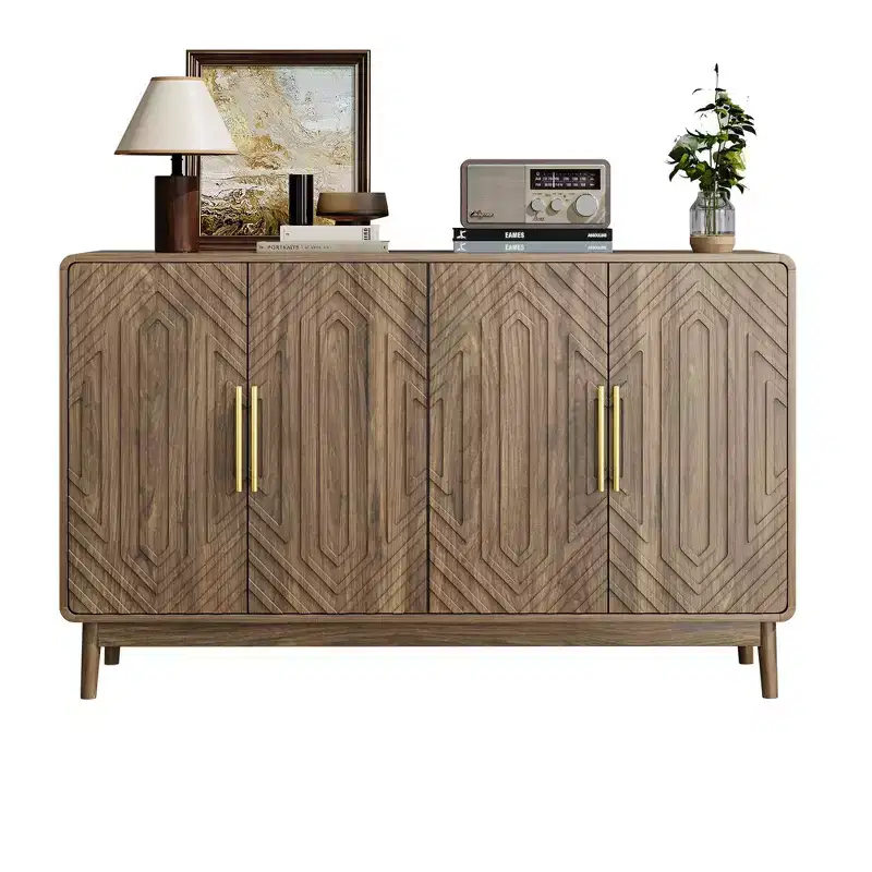 Homy Casa Walnut 4-Door Accent Cabinet with Storage for Dining or Living Room
