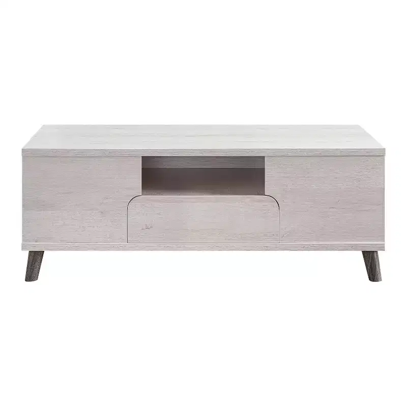 Frelmer 1 Drawer Coffee Table White Oak/Distressed Gray - miBasics: Mid-Century Modern, Flared Legs, Fixed Shelves
