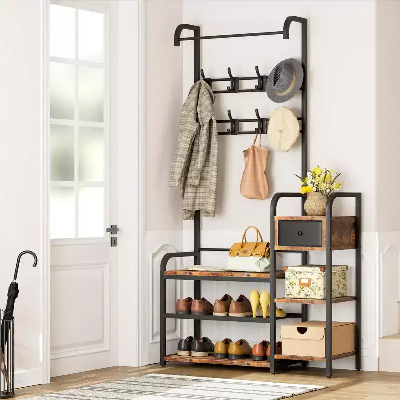 5-in-1 Hall Tree with Shoe Bench & Drawer, Entryway Coat Rack with 8 Hooks, Storage Bench & Adjustable Feet (Retro Brown)