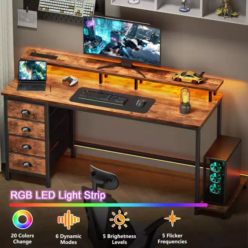 55 Inch Rustic Brown Computer Desk with Charging Station Reversible Gaming Desk LED Lights 4 Fabric Drawers Monitor Stand Home Office Writing Table