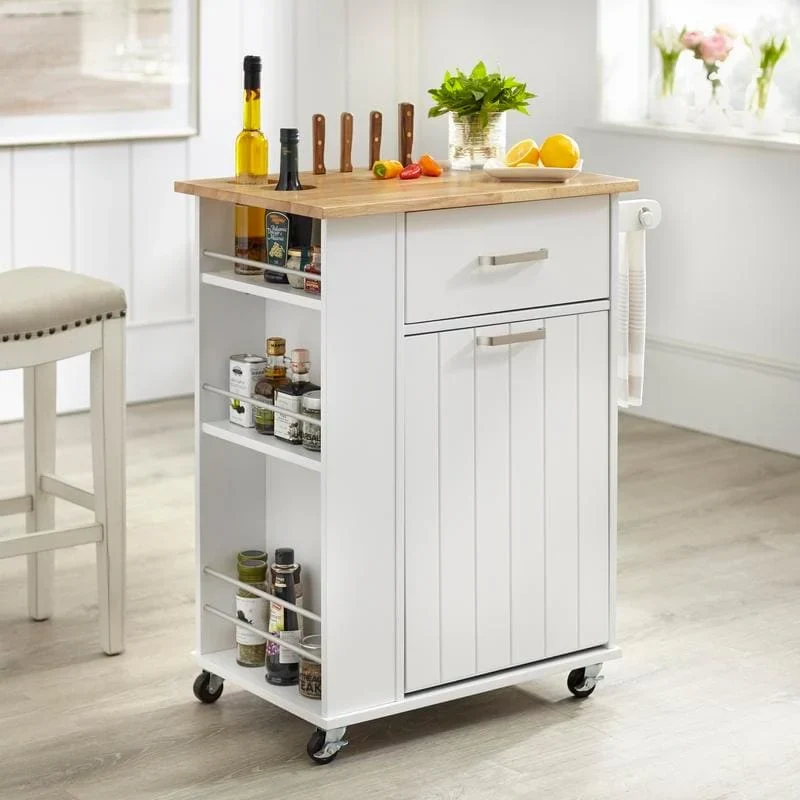 Rolling Kitchen Cart with Storage Shelves, Butcher Block Top, Wheels