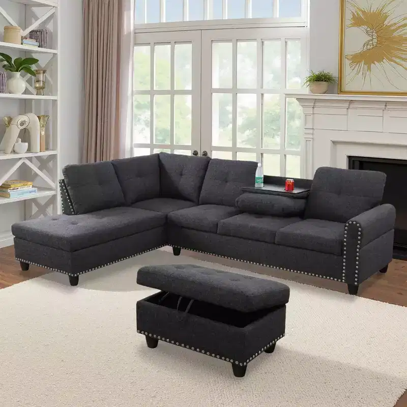 3-Piece Set Of Brown Grey Linen Combination Sofa L-Shaped Living Room Sofa