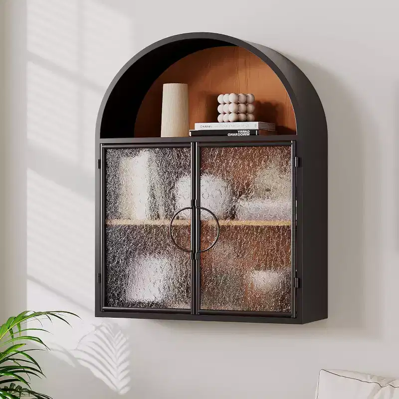 Bekrvio Arched Wall Bathroom Cabinet with Glass Doors, Fully Assembled Metal Floating Storage Cabinet Over Toilet
