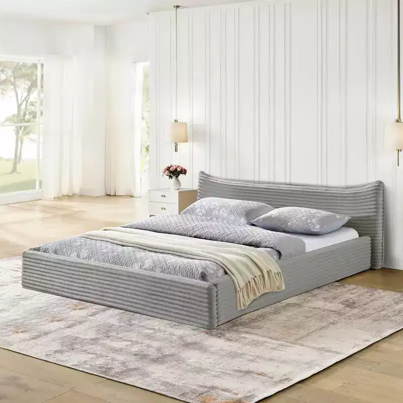 Queen Size Upholstered Bed Frame with Pleated Chenille Headboard, Gray