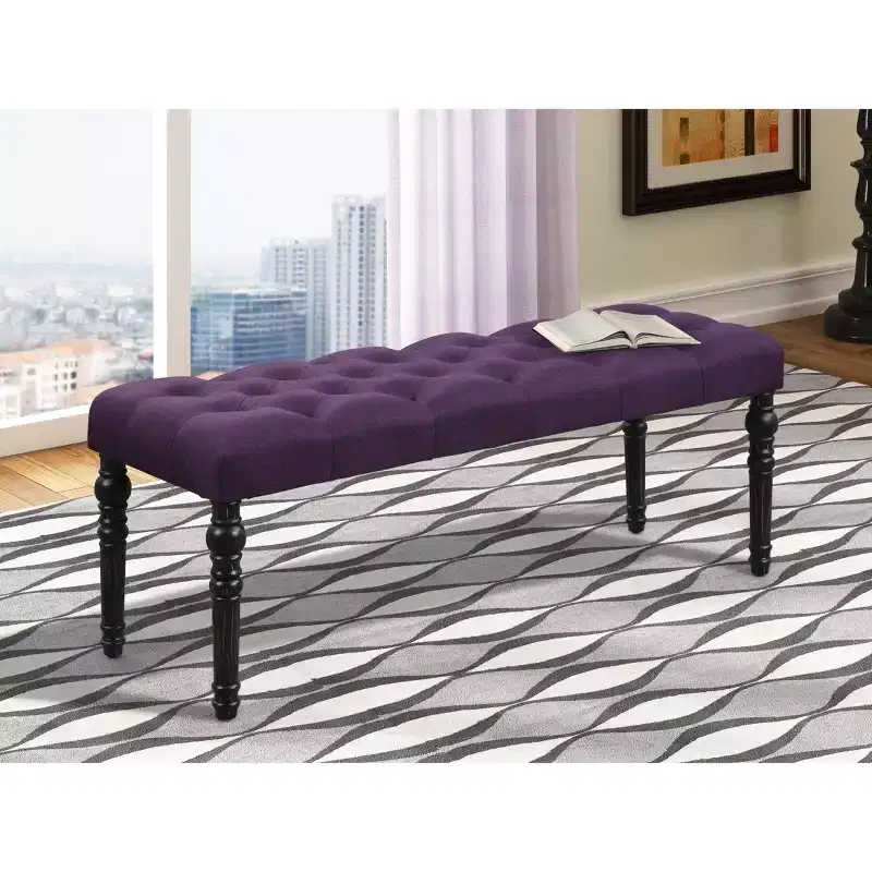 Fabric Tufted Turned Leg Dining Bench, Purple