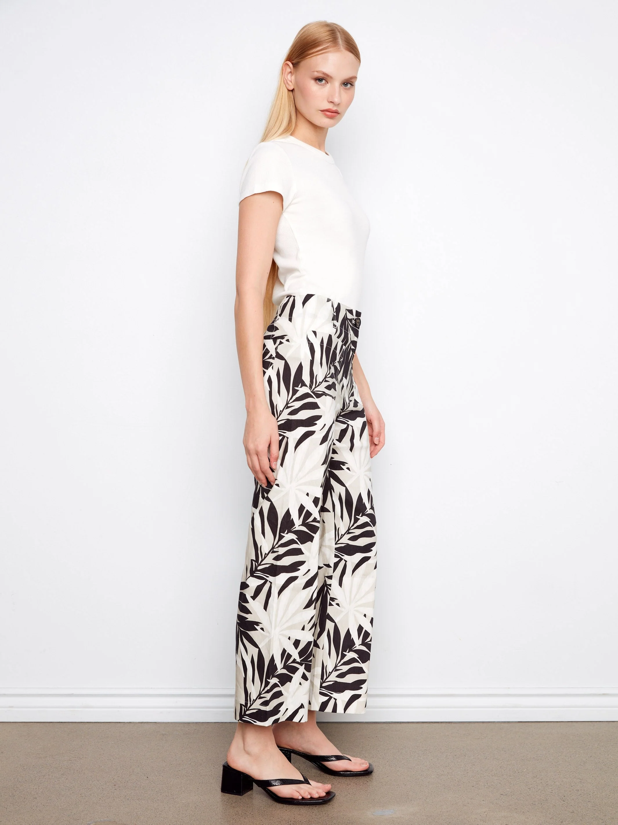 Printed Cropped Linen Blend Pants - Black & White Leaf Print