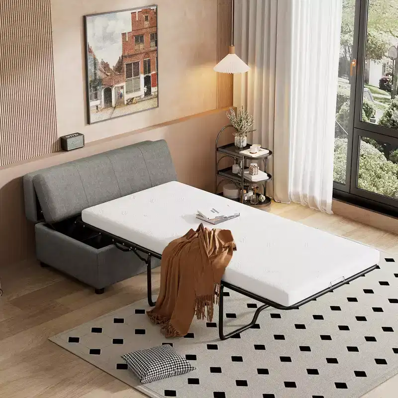 Twin Size Convertible Ottoman Sleeper Bed with Mattress - Space-Saving Guest Bed for Living Room & Apartment
