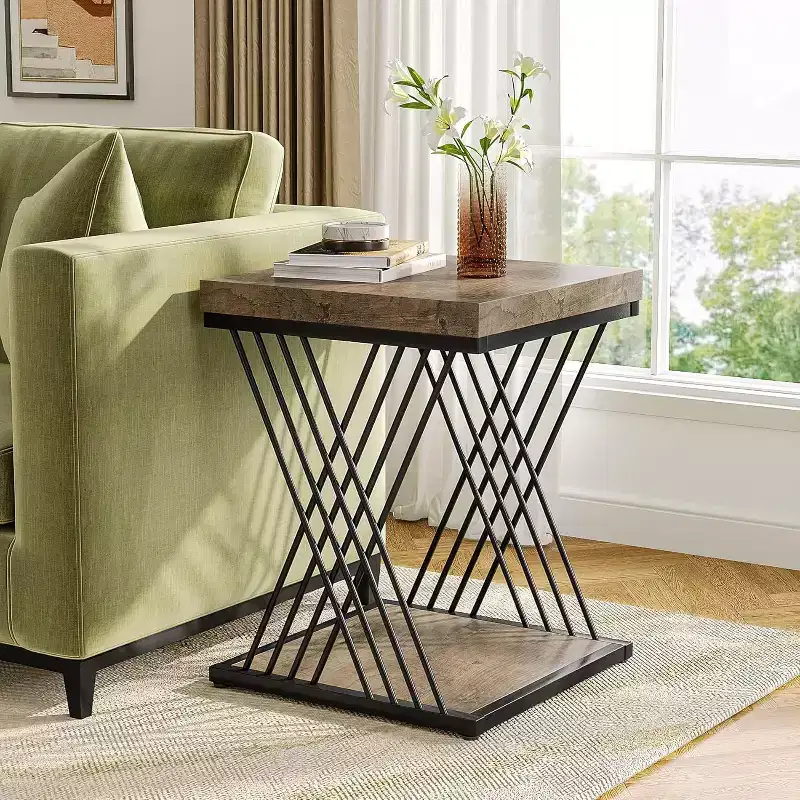 2-Tier Square End Table / Side Table – Marble Veneer, Cross-Bar Design