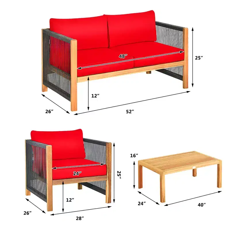 Costway 4PCS Wooden Patio Furniture Set Cushioned Sofa W/Rope Armrest White\Turquoise\Red