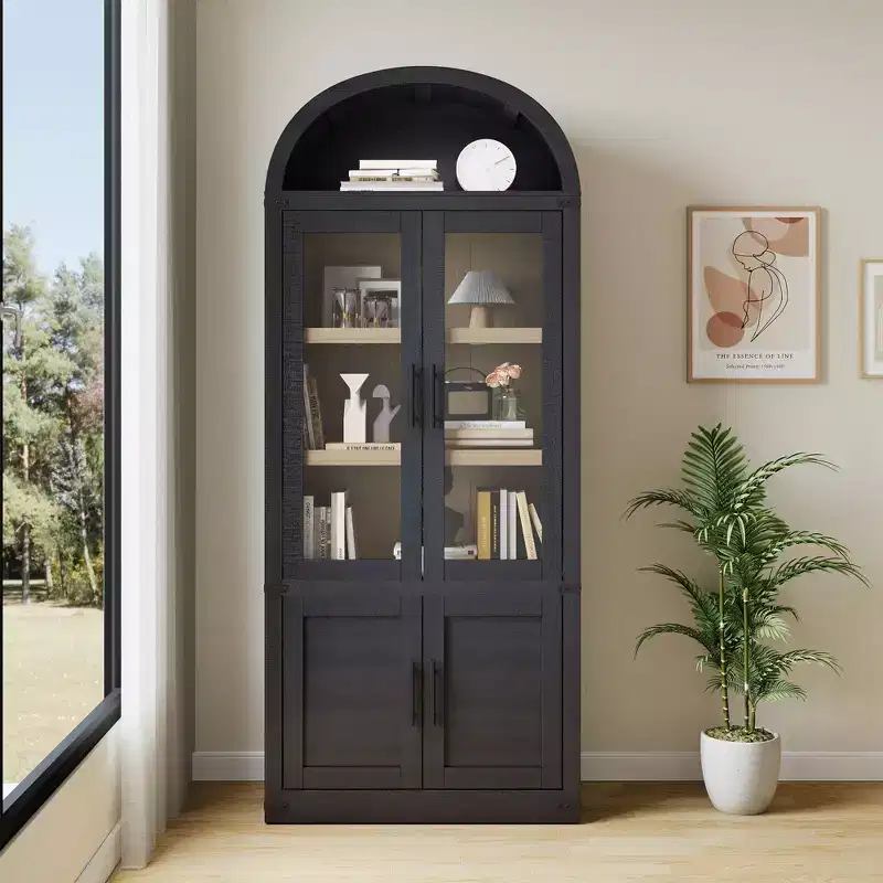 Arched 6-Tier Bookcase with Glass Doors - Modern Farmhouse Bookshelf,Wooden Display Cabinet for Living Room, Kitchen & Office