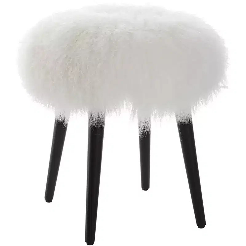 White Sheepskin Round Accent Stool - Tapered Black Wood Legs