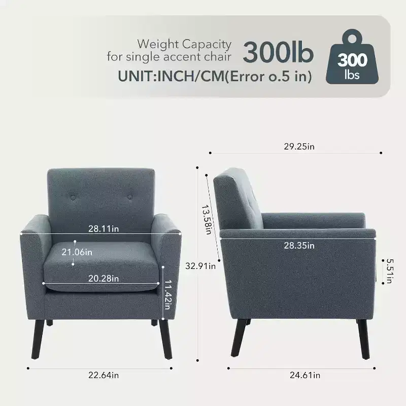 Acekool Fabric Accent Chair with Wood Legs, Mid-Century Modern Armchair for Living Room, Bedroom, Apartment