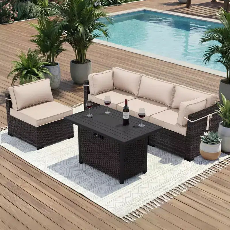 UPTIOT 5-Piece Patio Set: 2 Corner Sofas, 2 Side Chairs & Brown Fire Pit Table for Ultimate Outdoor Comfort and Entertainment
