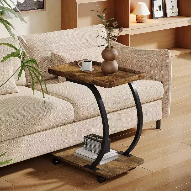 Lantine C-Shaped End Table, 2-Tier Small Side Table with Wheels, Wood Bedside Snack Couch Table for Living Room Small Spaces, Brown