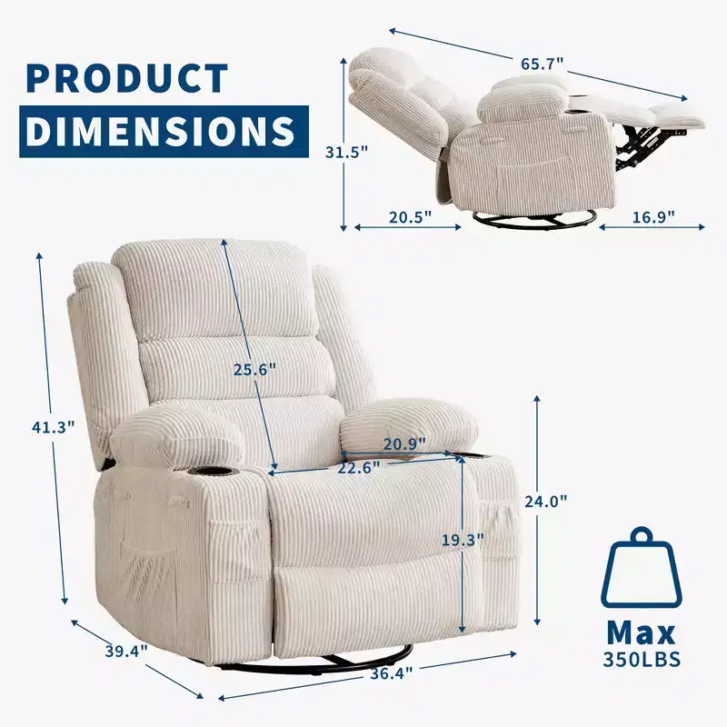 360 Swivel Manual Recliner Rocker Chair, Glider Sofa with Cup Holders & Pockets, Comfortable Lounge Chair for Nursery, Living Room & Bedroom
